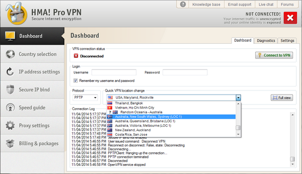 Australia VPN HideMyAss Interface